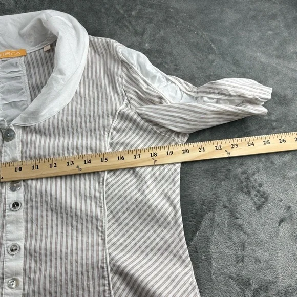 VTG Crisca Escada Blouse Women’s L Pinstripes Ruffle Buttons Academia White Gray - Picture 7 of 11